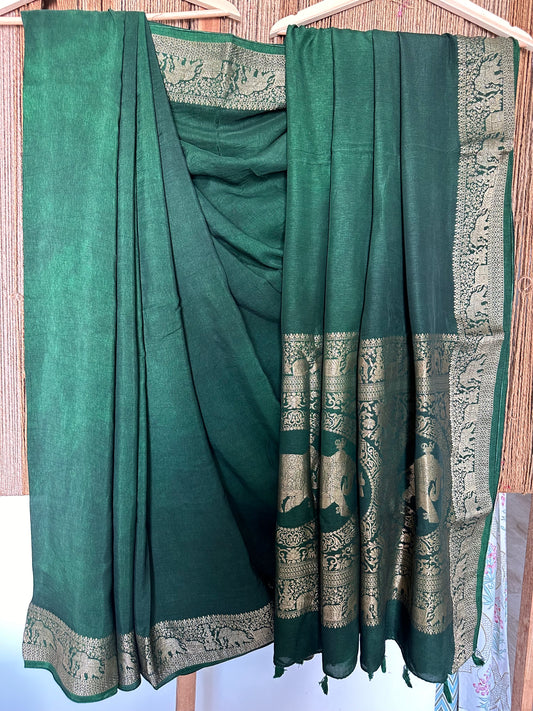 BOTTLE GREEN DOLA  SILK  ZARI BORDER SARI