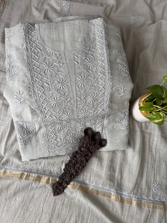 TIFFANY BLUE PREMIUM  MULL CHANDERI LUCKNOWI CHICKENKARI HAND EMBROIDERY THREE PIECE SUIT (Copy)