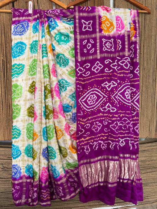 PURPLE & MULTI COLOUR GAJJI SILK GHARCHOLA RAI BANDHANI GAJJI SARI  BS- 2011