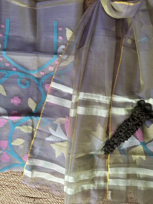 GREENISH BLUE DUAL SHADE HANDWOVEN JAMDANI PURE MUSLIN SILK KURTA SET MJK-40