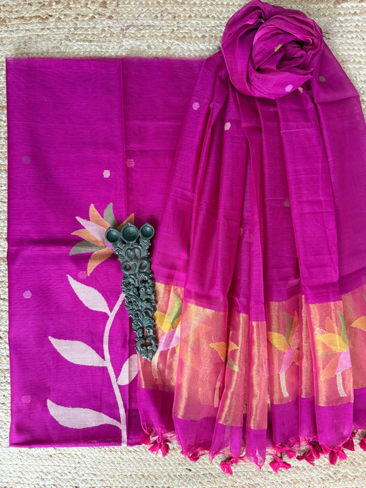 Hot Pink handwoven jamdani pure cotton silk kurta set mjk
