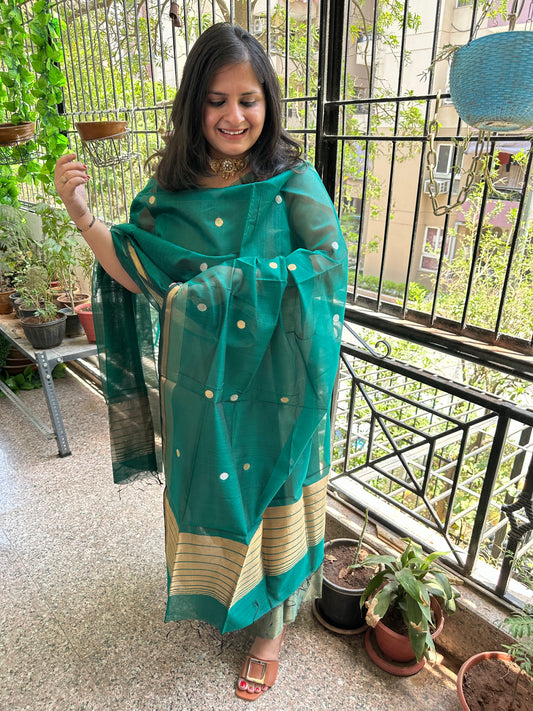 GOLDEN PEACOCK GREEN TISSUE  MAHESHARI SILK HANDLOOM KURTA SET