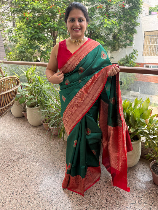 Dark Green Tussar Silk Certified  Handloom Banarsi sari With Woven Zari