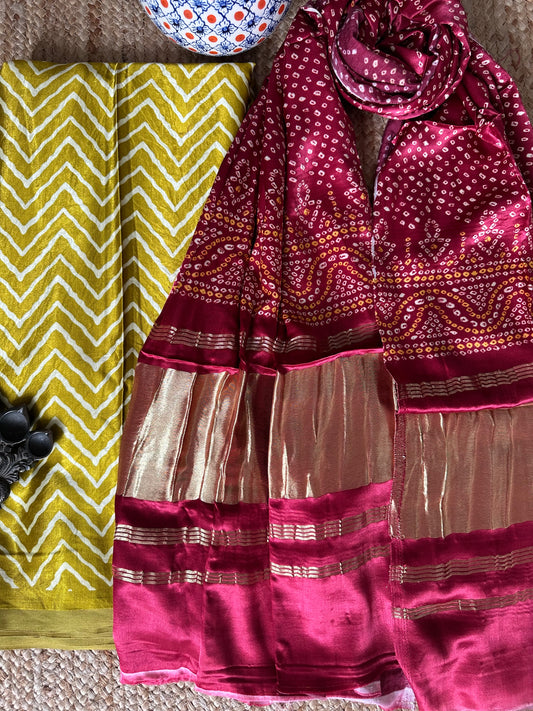 MUSTARD CHEVRON MASHRU SILK KURTA WITH PATOLA HANDCRAFTED MODAL SILK DUPATTA PS-71