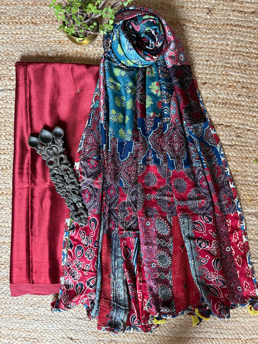 MAROON MASHRU SILK KURTA WITH AJRAKH PATCHWORK  HANDCRAFTED  MODAL SILK DUPATTA PWK-12