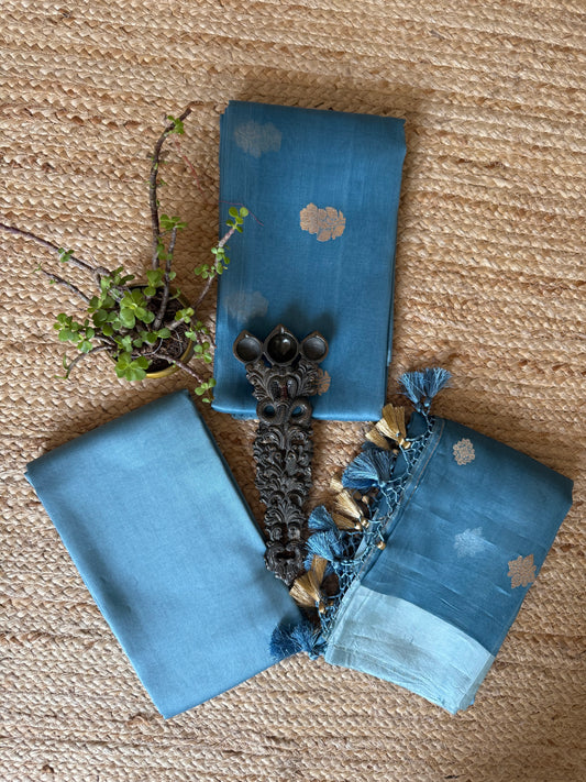 Baby Blue Kora silk certified handloom Banarsi kadwa Booti three piece suit
