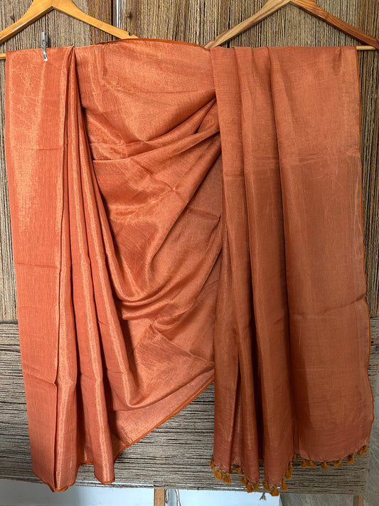 ORANGE RUST TISSUE LINEN ZARI SARI WITH WOVEN RED BORDER