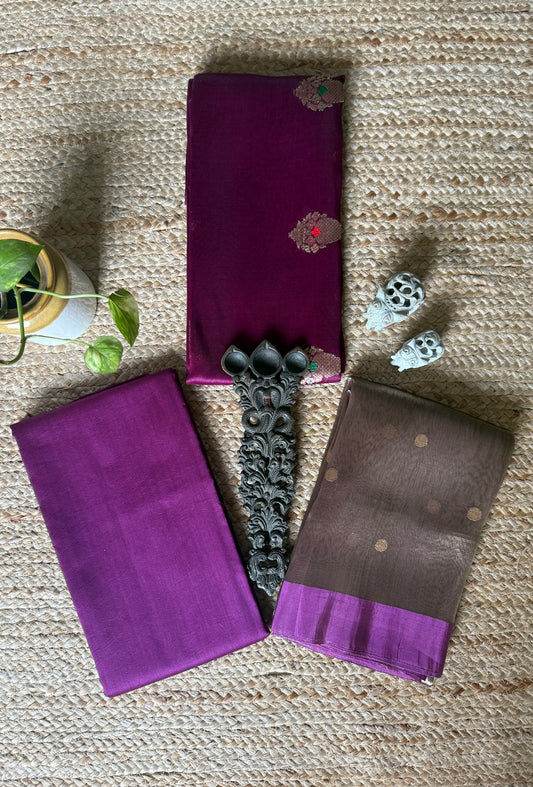 Midnight Purple Meenakari Kora silk certified handloom Banarsi kadwa Booti three piece suit   CBS-55