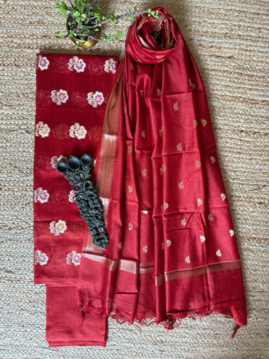 Ruby Red Chanderi handloom Banarsi Booti three piece suit