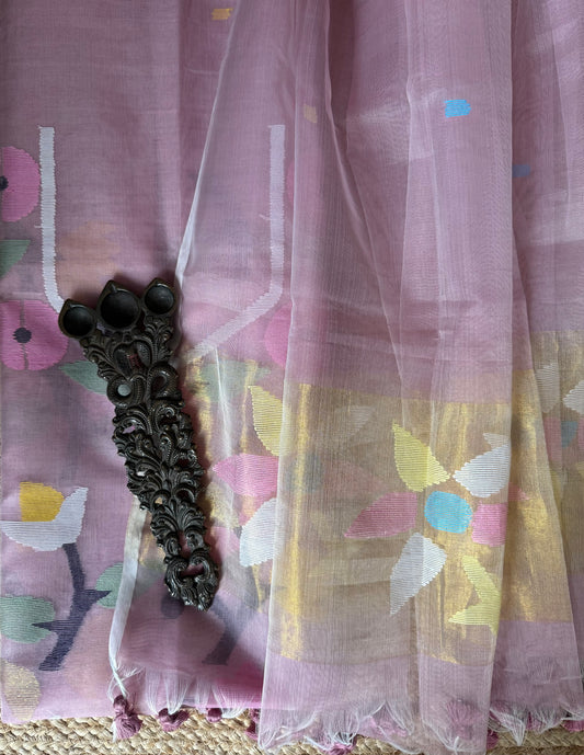 PASTEL PINK HANDWOVEN JAMDANI PURE MUSLIN SILK KURTA SET MJK-103