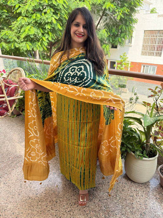 Mustard Yellow & Green Modal Silk Shibori Kurta with Bandhani Shibori  handcrafted Modal Silk Dupatta sbs-5