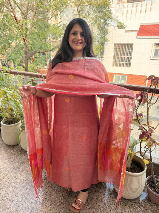 DUSTY PINK JAMDANI LINEN  KURTA SET LJS-302