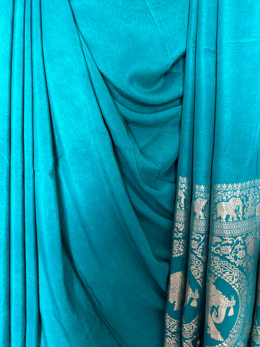 TURQUOISE DOLA  SILK  ZARI BORDER SARI