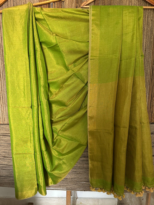 PARROT GREEN GOLD TISSUE LINEN ZARI SARI WITH WOVEN RED BORDER