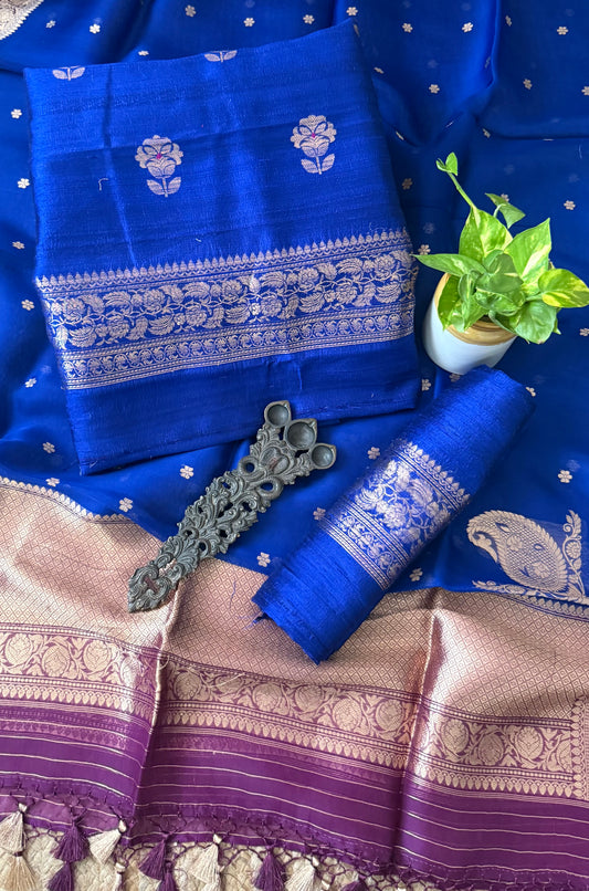 Midnight Blue raw silk certified handloom banarsi kadwa butti with woven zari three piece suit