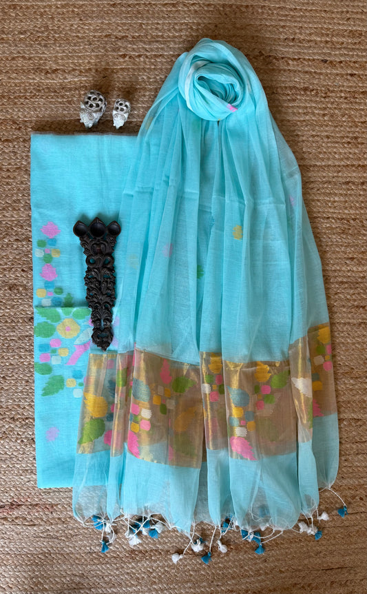 ELECTRIC BLUE HANDWOVEN JAMDANI PURE COTTON SILK KURTA SET MJK-115