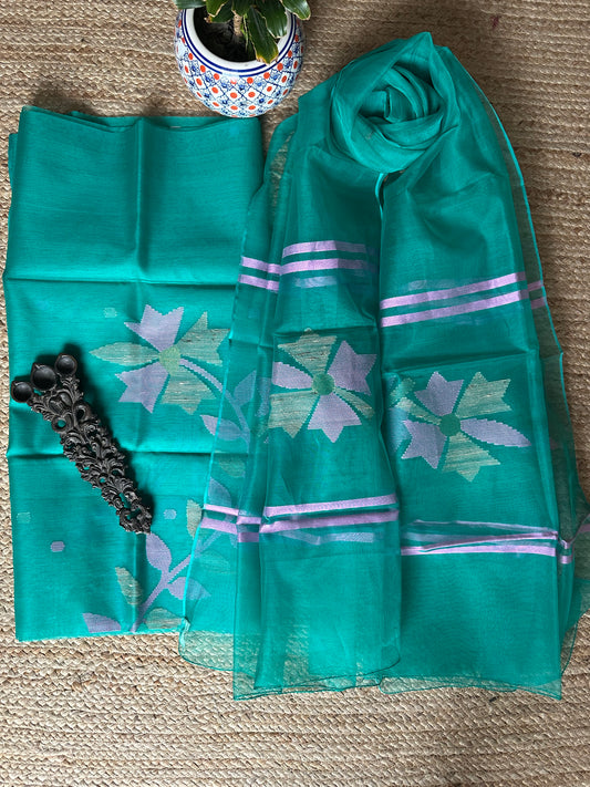 PERSIAN  GREEN HANDWOVEN JAMDANI PURE MUSLIN SILK KURTA SET MJK-43