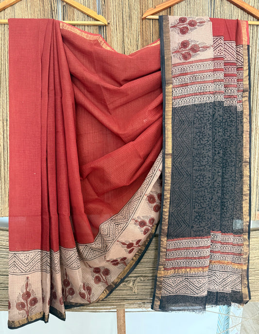 Maroon kota doria handblock sari