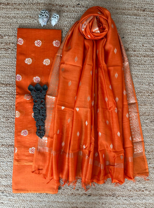 Orange Chanderi Handloom Banarsi Booti Three Piece Suit