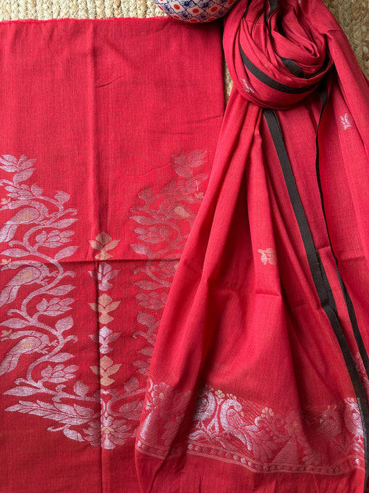 RED JAMDANI WOVEN MULL KURTA SET