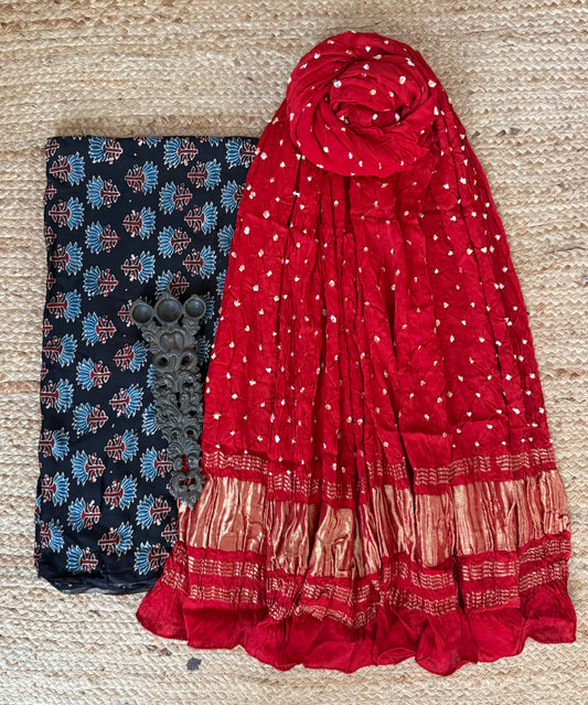 Black ajrakh modal silk kurta with bandhani handcrafted modal silk dupatta