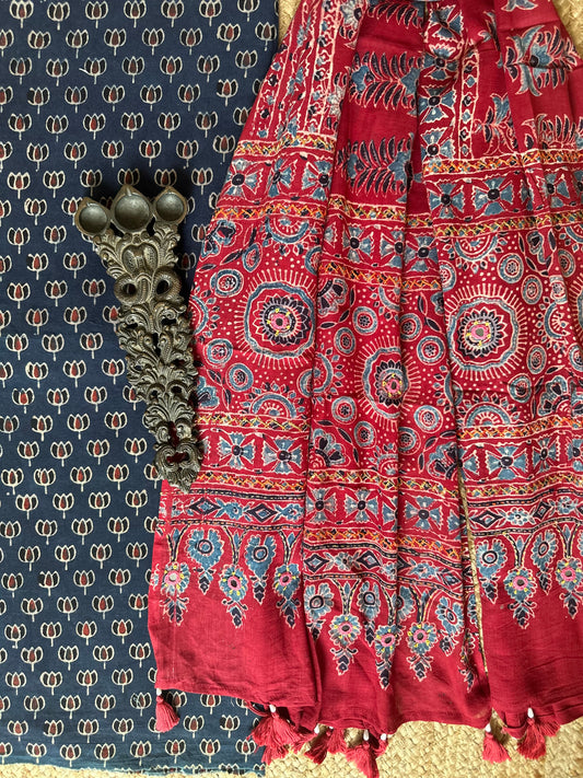 BLUE AJRAKH HANDBLOCK AND HAND EMBROIDERY KURTA WITH  AJRAKH HAND EMBROIDERY DUPATTA