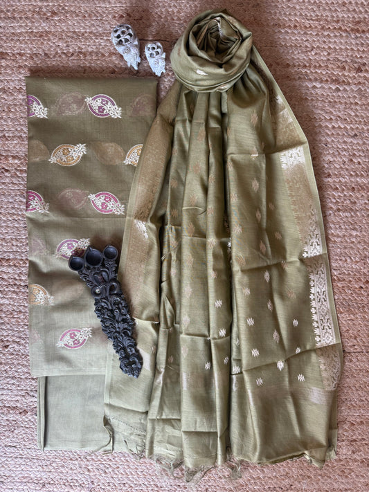 OLIVE Green Chanderi handloom  Banarsi Booti three piece suit  CBS-306