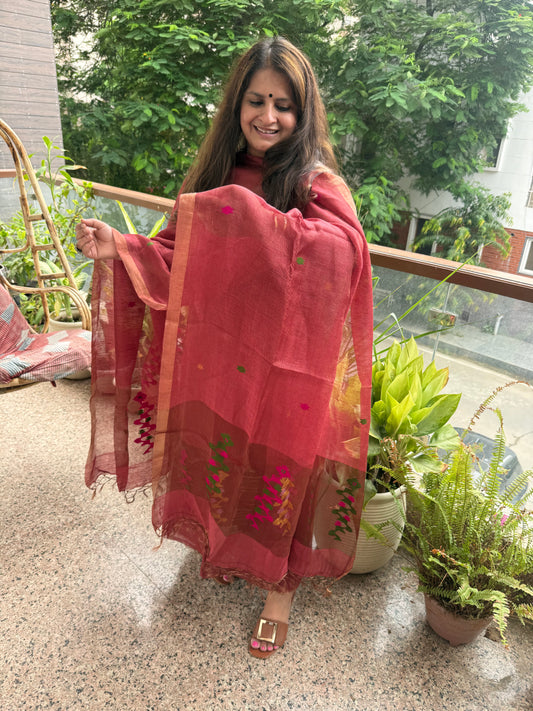 Muted Berry Pink Jamdani Tissue Linen Handwoven kurta set