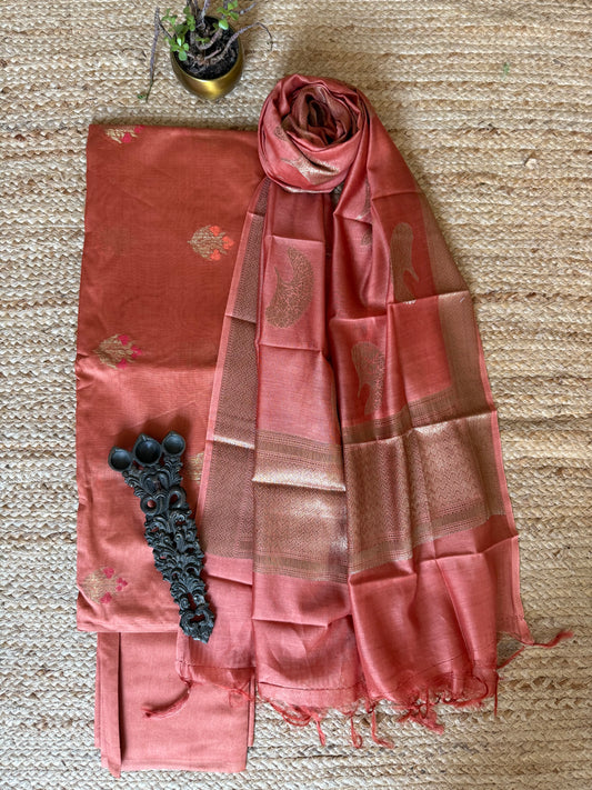 Peach Pink Chanderi handloom  Banarsi Booti three piece suit  CBS-121