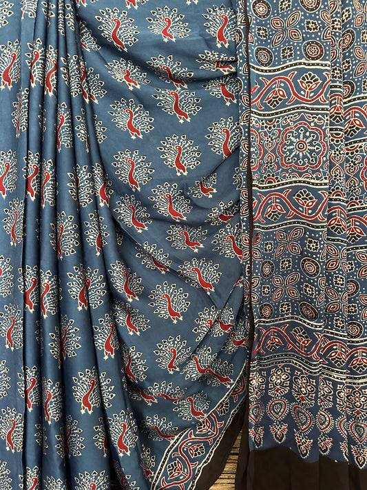 BLUE PEACOCK AJRAKH MODAL SILK SARI WITH BORDER