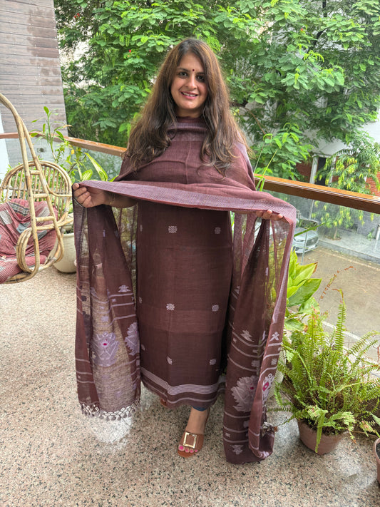 TAUPE BROWN PURE JAYSHREE  LINEN JAMDANI HANDWOVEN KURTA SET