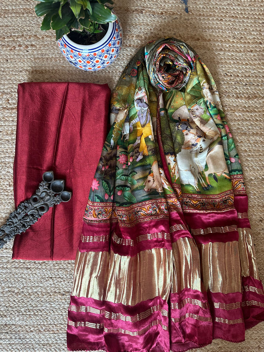 MAROON  SOlID MASHRU  SILK KURTA WITH GREEN  KALAMKARI PICHWAI HANDCRAFTED MODAL SILK DUPATTA PS-1038