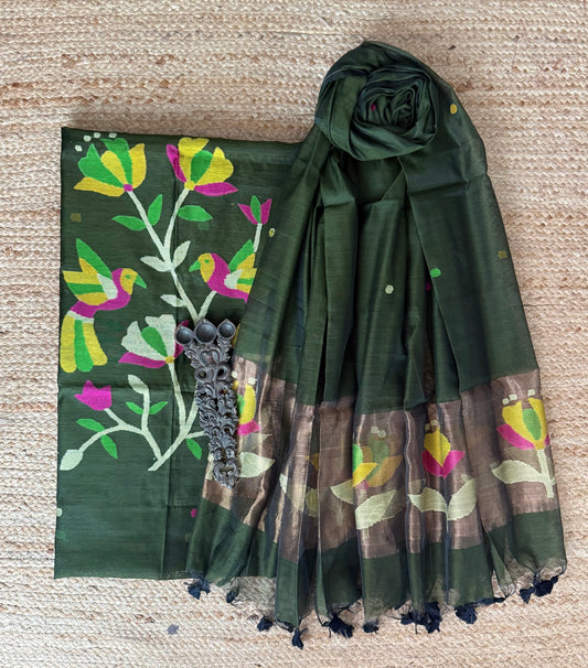 Army Green handwoven jamdani pure cotton silk kurta set mjk