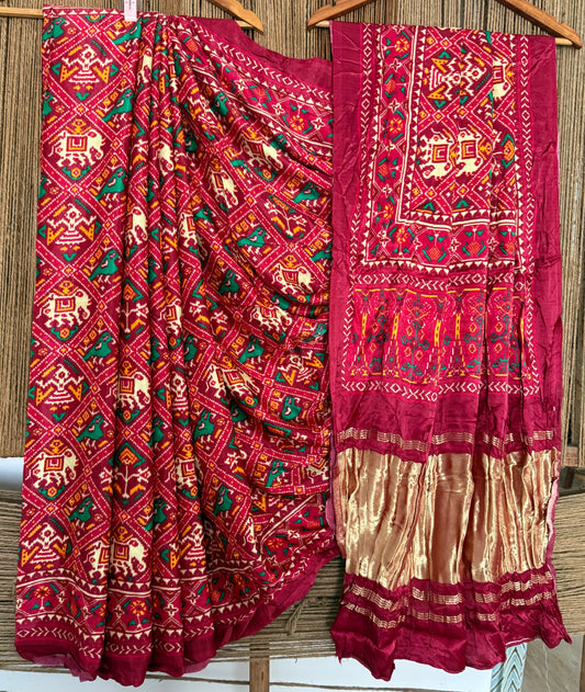 Deep Maroon modal silk patola print sari with zari border pms-