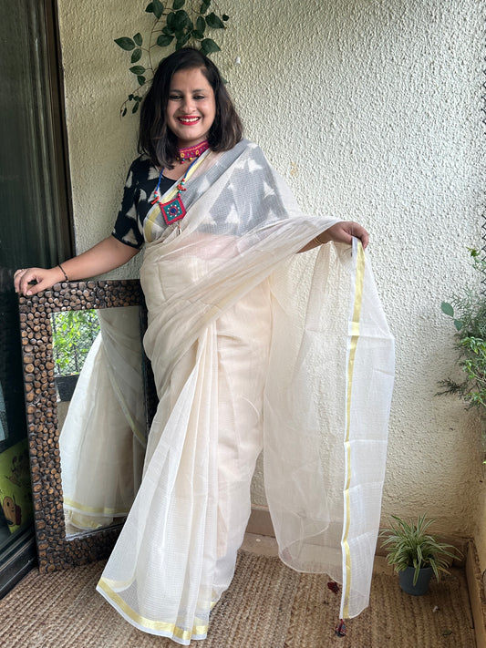 BEIGE  KOTA DORIA  SARI WITH CONTEMPORARY BLOUSE PIECE