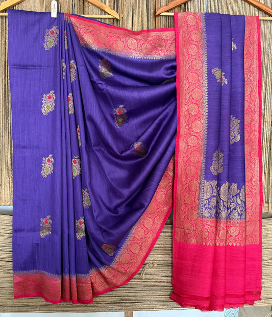 Cyber Grape purple Raw Silk Certified  Handloom Banarsi sari With Woven Zari