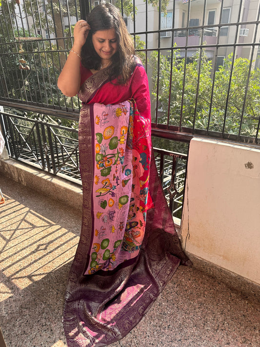 PINK PURPLE DOLA SILK PICHWAI PRINT ZARI BORDER SARI