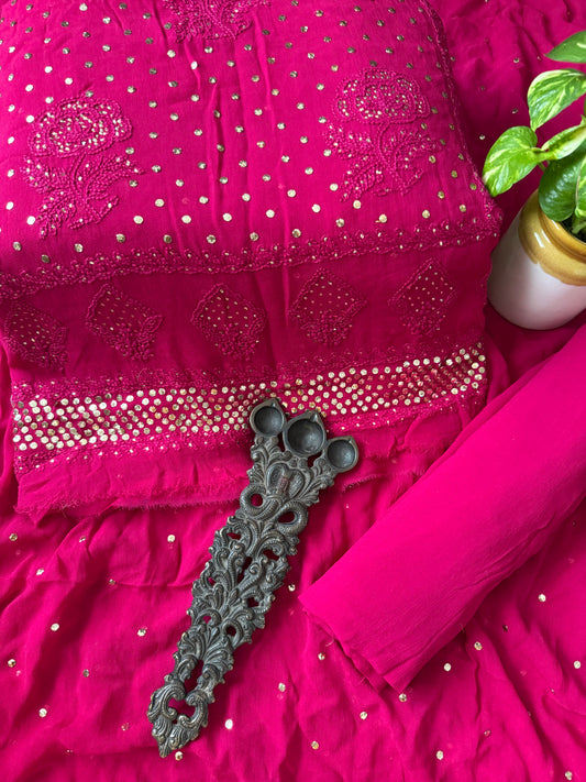 Fluorescent Pink premium mukesh work Georgette lucknowi chickenkari hand embroidery three piece suit