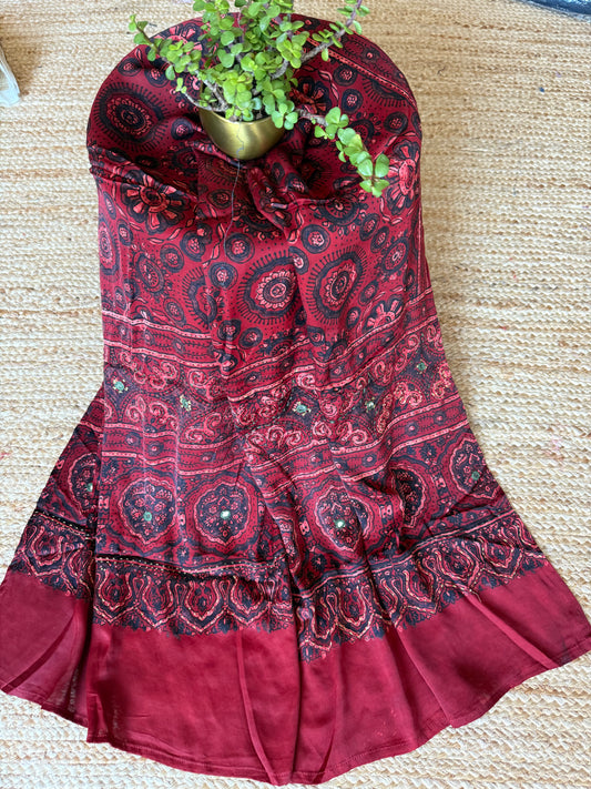 MAROON AJRAKH MODAL SILK STOLE WITH HAND EMBROIDERY MIRROR WORK