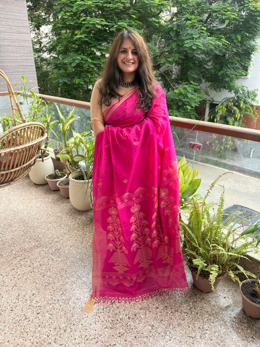 DEEP PINK CLASSIC  AUTHENTIC HANDWOVEN JAMDANI WEAVING PURE COTTON SARI