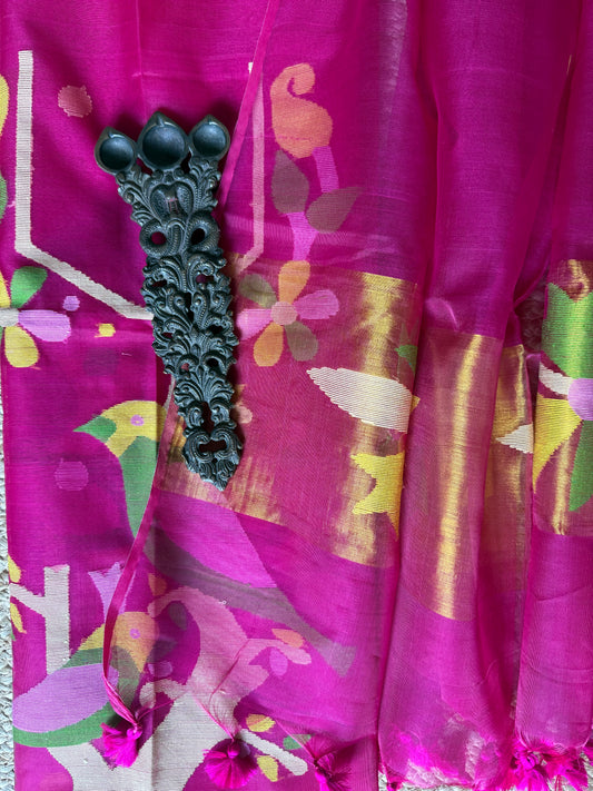 BRIGHT PINK HANDWOVEN JAMDANI PURE MUSLIN SILK KURTA SET MJK-100