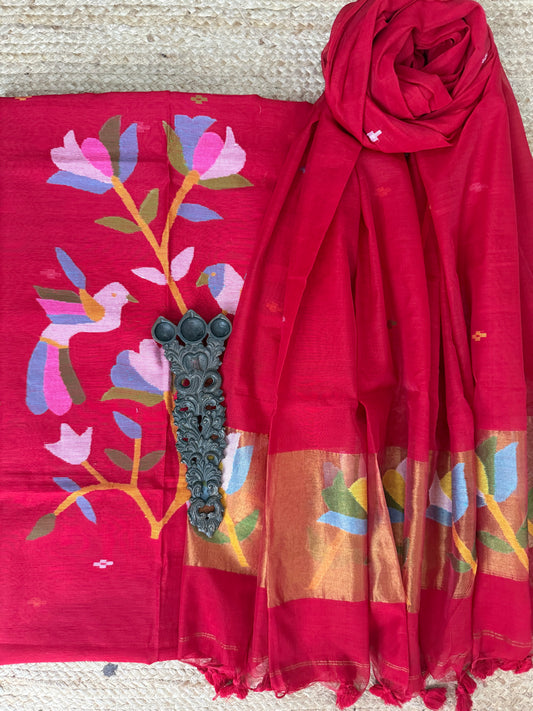 Ruby Red handwoven jamdani pure cotton silk kurta set mjk