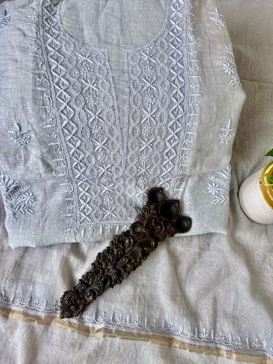 SLATE GRAY PREMIUM  MULL CHANDERI LUCKNOWI CHICKENKARI HAND EMBROIDERY THREE PIECE SUIT