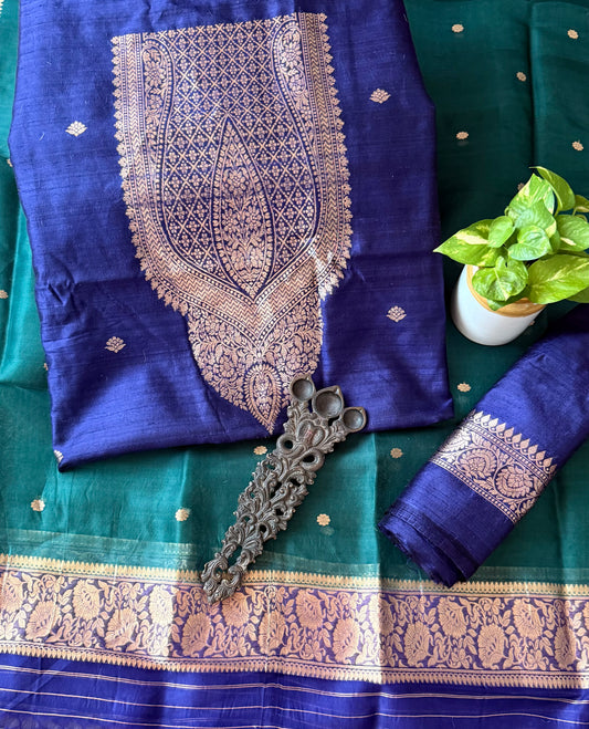 Navy blue raw silk certified handloom banarsi kadwa butti with woven zari three piece suit