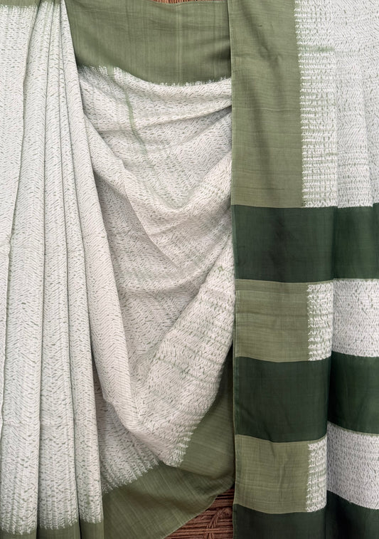 White Green handloom cotton silk handdye Shibori sari