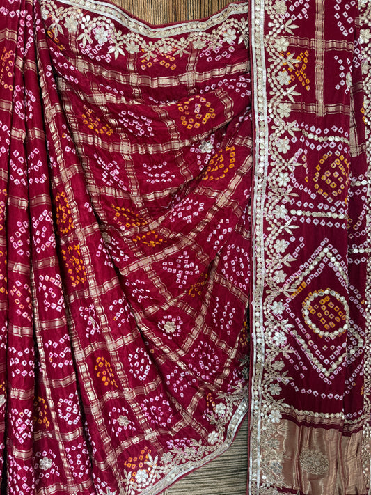 MAROON RAI BANDHANI GHARCHOLA GAJJI SILK SARI WITH HANDEMBROIDERY GOTTA PATTI  BS- 405
