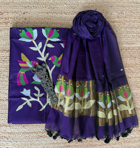 Eggplant Purple handwoven jamdani pure cotton silk kurta set mjk