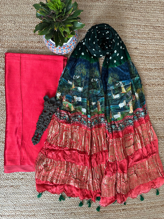 RED SOLID MASHRU SILK KURTA WITH BANDHANI PICHWAI HANDCRAFTED  MODAL SILK DUPATTAS PS- 10167