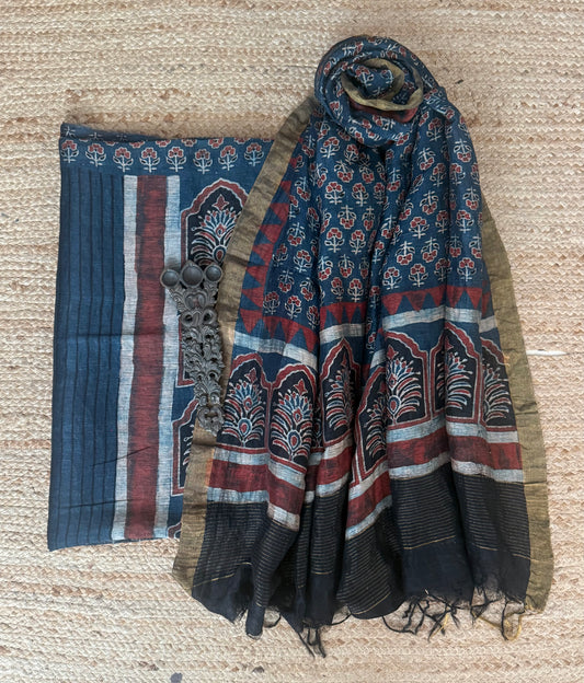 INDIGO BLUE AJRAKH BUTTA LINEN SILK HANDBLOCK SUIT SET