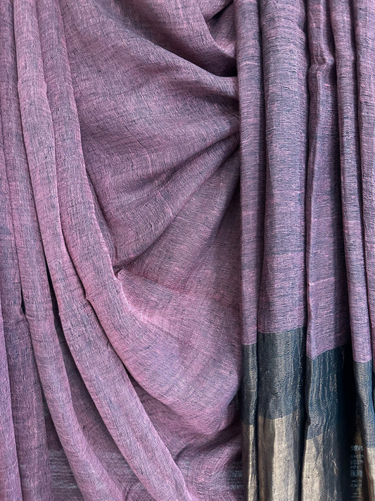 LIGHT PURPLE LINEN SARI WITH WOVEN  BORDER